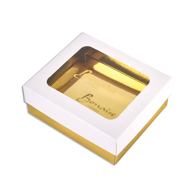 Custom Window Boxes - Rapid Custom Boxes metallic gold box with window 1 - Rapid Custom Boxes